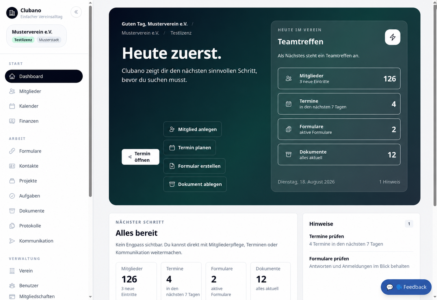 Anonymisiertes Clubano-Dashboard eines Mustervereins